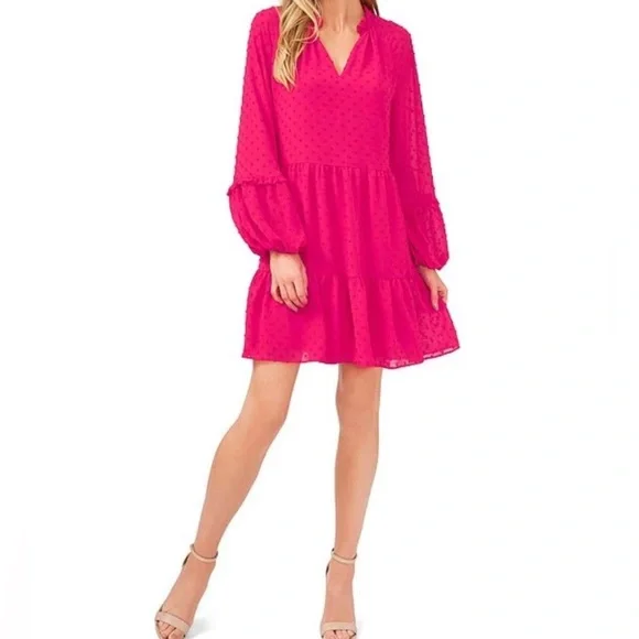 CeCe Women's Long Sleeve V-Neck Ruffled Clip-Dot Dress - Bright Rose - Size M CeCe Women's Long Sleeve V-Neck Ruffled Clip-Dot Dress - Bright Rose - Size M